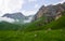 Panoramic landscape of massive rocks and cliffs hanging over a lush green highland meadow
