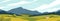 Panoramic landscape with meadows and mountains. House in rural area vector illustration. Scenic outdoor nature view with