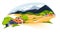 Panoramic landscape with meadows and mountains. Houses in rural area vector illustration.