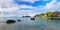 Panoramic landscape of sea bay with pair small fisher boats near Phi Phi island,