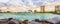 Panoramic landscape view of Port Everglades, Fort Lauderdale, Florida. Cruise ship leaving the harbor.