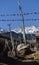 Panoramic landscape view of tibetan prayer flags raised in Lachen with snowcapped great Himalayas in the background in North