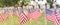 Panoramic lawn American flags with blurry row of people carry fallen soldiers banners parade