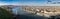 Panoramic look down from Gellert hill to castle hill, Danube river with parliament building, Elisabeth Bridge and Chain Bridge in