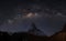 Panoramic Matterhorn mountain at night in Switzerland with starry sky and milky way