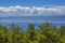 panoramic mediterranean blue sea and sky amd green Pine trees