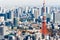 Panoramic modern city skyline aerial view under blue sky in Tokyo, Japan