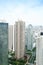 Panoramic modern city skyline bird eye aerial view with mode gakuen cocoon tower under dramatic sun and morning blue cloudy sky in