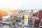 Panoramic modern city skyline bird eye aerial view with Sensoji-ji Temple shrine - Asakusa district under dramatic sunrise and mor