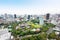 Panoramic modern city skyline bird eye aerial view with zojo-ji temple shrine from tokyo tower under dramatic sunrise and morning