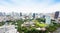 Panoramic modern city skyline bird eye aerial view with zojo-ji temple shrine from tokyo tower under dramatic sunrise and morning