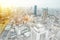 Panoramic modern cityscape building aerial view in Osaka, Japan mix hand drawn sketch illustration