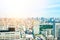 Panoramic modern cityscape building bird eye aerial view and cranes under sunrise and morning blue bright sky in Tokyo, Japan