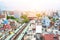 Panoramic modern cityscape building bird eye aerial view of Sensoji shrine under sunrise and morning blue bright sky in Tokyo,