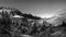 Panoramic monochrome landscape view of Glacier NP mountain range