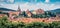 Panoramic morning cityscape of Sighisoara. Sunne summer view of medieval town of Transylvania, Romania, Europe. Traveling concept