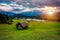 Panoramic morning scene of Wagenbruchsee (Geroldsee) lake with Zugspitze mountain range on background. Amazing autumn view of