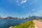 Panoramic morning view of the beach and Botafogo cove with its buildings, boats and mountains in Rio de Janeiro