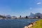 Panoramic morning view of the beach and Botafogo cove with its buildings, boats and mountains in Rio de Janeiro
