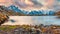 Panoramic morning view of Cheserys lake with Mount Blanc on background, Chamonix location. Fantastic autumn sunrise in Vallon de