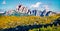 Panoramic morning view of Sass de Stria peak, Averau - Nuvolau group from Giau pass. Sunny summer scene of Dolomiti Alps, Italy,