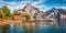 Panoramic morning view of Traunsee lake with Traunstein peak on background. Breathtaking autumn scene of Austrian alps, Europe. Tr