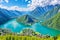 Panoramic mountain landscape of Hallstatt lake at sunny day in Austrian Alps, Salzkammergut region. made