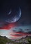 Panoramic mountains and two planets in sky. Fantastic world, birds flying against the background planets of moons. Sunset is