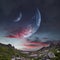 Panoramic mountains and two planets in sky. Fantastic world, birds flying against the background planets of moons. Sunset is