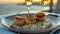 Panoramic Ocean View Rooftop Restaurant with Seared Scallops, Truffle Risotto, and Champagne