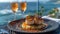 Panoramic Ocean View Rooftop Restaurant with Seared Scallops, Truffle Risotto, and Champagne