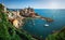 Panoramic overview of Vernazza village with colorful houses on bright summer sunny day, Cinque Terre National Park, La Spezia