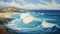 Panoramic Painting Of Gulf Of Mexico Waves Crashing Onto Waimea Bay Shore