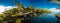 Panoramic paradise holoidays location with coral reef and palm trees on south side of Upolu, Samoa