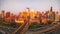 Panoramic perspective of Chicago`s West Loop during golden hour with traffic.