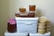 Panoramic photo of honey in various containers