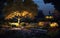 Panoramic Photo of LED Light Posts Illuminated Backyard Garden During Night Hours. Modern Backyard Outdoor Lighting