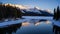 Panoramic photo of Maligne Lake at Sunset in winter beautiful reflection, Jasper National Park, Alberta Canada