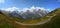 Panoramic photography. Mountain serpentine on a background of sn