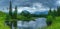 Panoramic picture of beautiful mountain lake Strbske Pleso at summer evening.