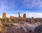 Panoramic picture of impressive sandstone formations in Arches National Park at night in winter