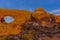 Panoramic picture of impressive sandstone formations in Arches National Park at night in winter