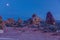 Panoramic picture of impressive sandstone formations in Arches National Park at night in winter