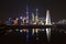 Panoramic picture of skyscrapers of Pudong district from the Bund in Shanghai at night in winter