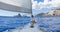 Panoramic prow of a sailboat navigating in the mediterranean sea