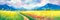 Panoramic rural landscape with meadow and mountains. Digital painting. Generative AI