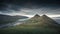 Panoramic scenery above the town of Klaksvik on Bordoy island in sunset, Faroe Islands