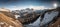 Panoramic scenic landscape in tre cime di lavaredo dolomites mountain range in sunny snowy winter