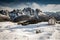 Panoramic scenic landscape in tre cime di lavaredo dolomites mountain range in sunny snowy winter with chapel, italy