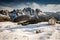 Panoramic scenic landscape in tre cime di lavaredo dolomites mountain range in sunny snowy winter with chapel, italy